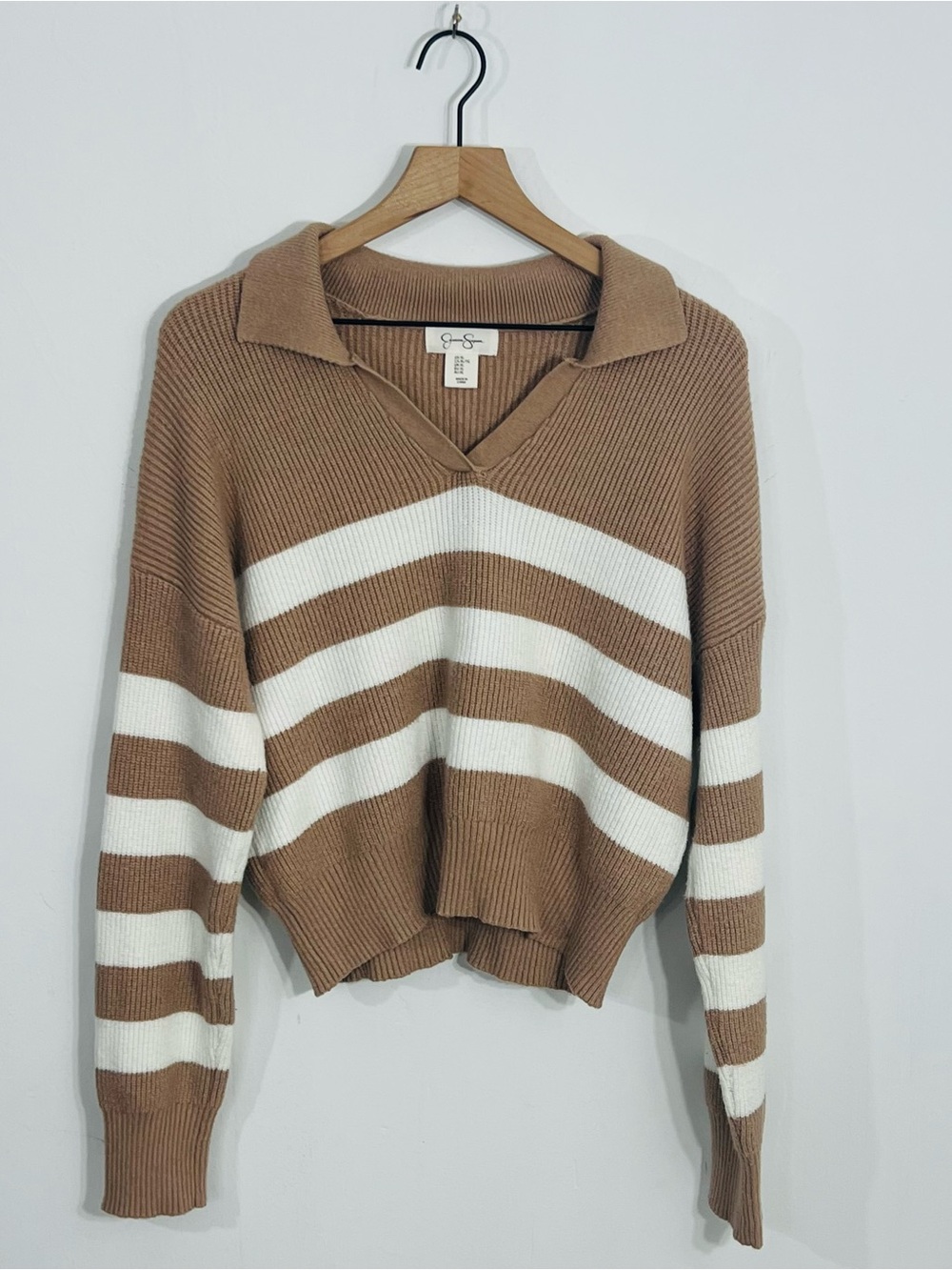Jessica Simpson Striped Ribbed Knit Pullover Pop Collared V Neckline Preppy XL